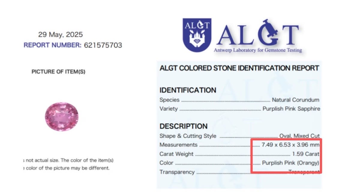 Фрагмент ALGT Colored Stone Identification Report от 29 мая 2025