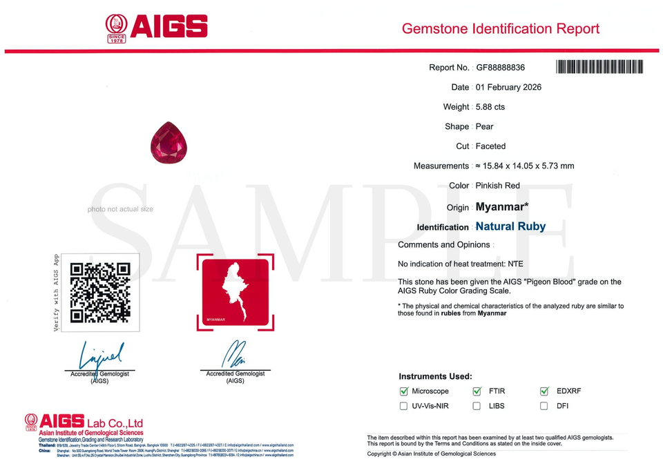 AIGS Full Gemstone Identification Report — официальный SAMPLE 2026