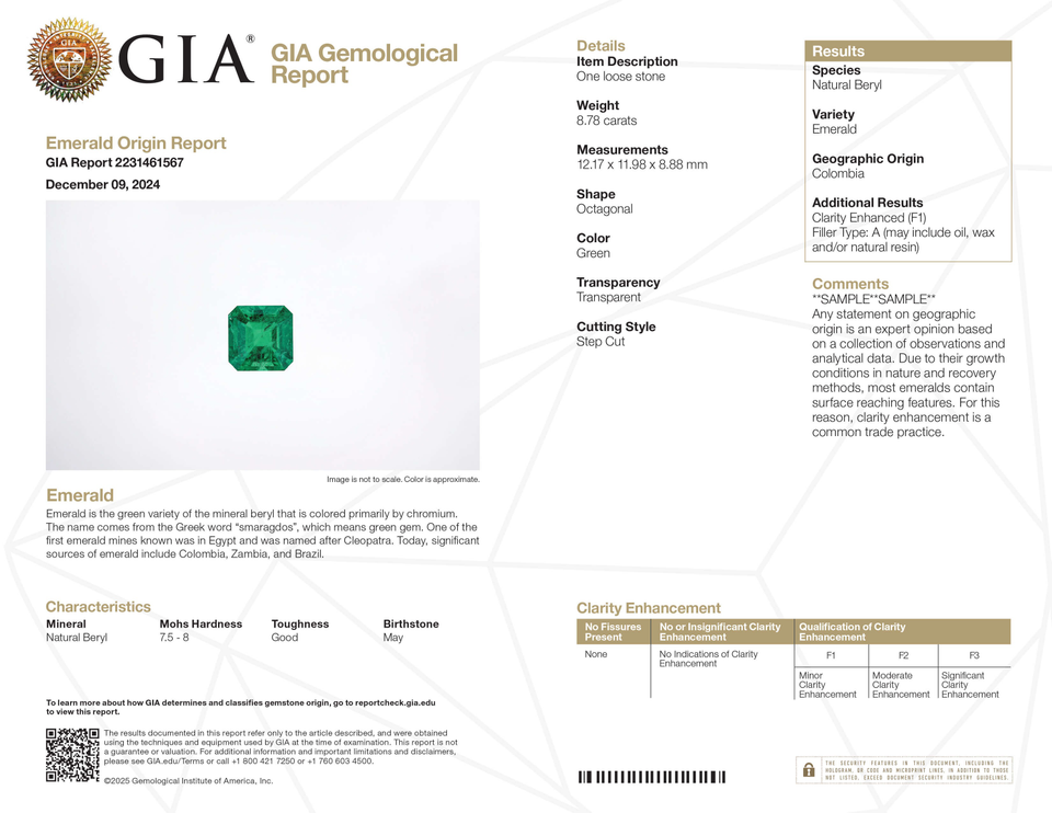Образец GIA Identification & Origin Report на изумруд: материал, страна и улучшение чистоты указаны отдельно. Документ от 9 декабря 2024, © GIA 2025.