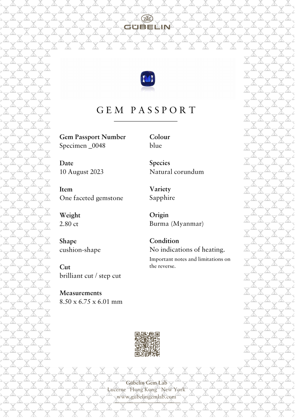 Gem Passport Sapphire — официальный образец отдельной сокращённой услуги