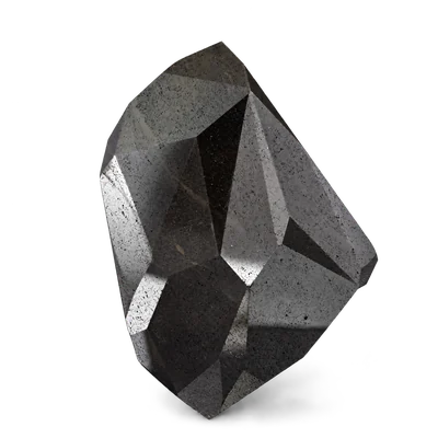 На прозрачном фоне: The Enigma, 555,55 ct · Fancy Black · карбонадо