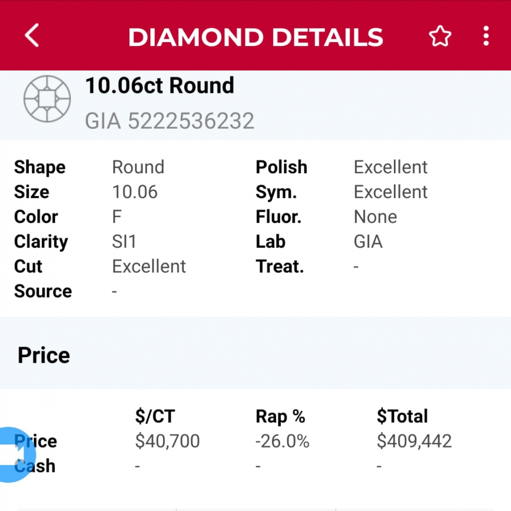 Цена бриллианта 10.06 карат