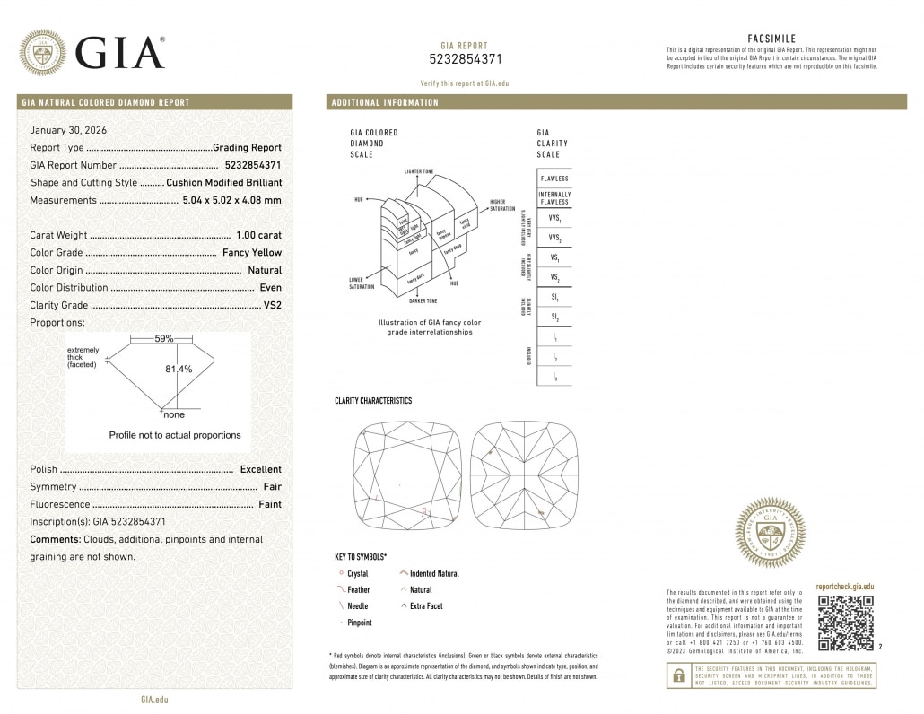 Сертификат GIA 5232854371 — Fancy Yellow, 1,00 карата Сертификат GIA 5232854371: бриллиант Fancy Yellow, 1,00 карата, чистота VS2