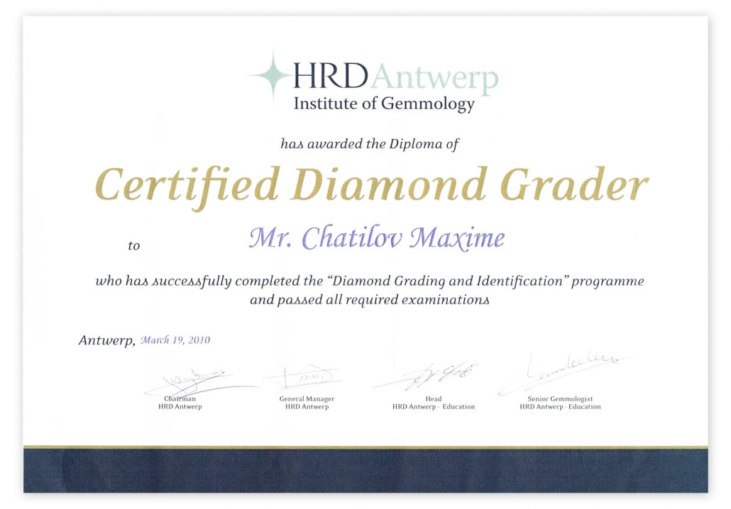Диплом оценщика Бриллиантов HRD Antwerp